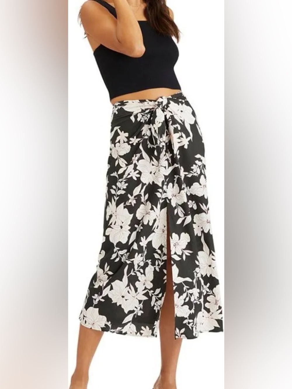 Sanctuary Beach to City Black Floral Midi Skirt with Tie Size XS